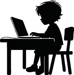 Silhouette of child sitting at desk with laptop – online class vector isolated on a white background
