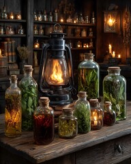 Medicinal herbs sorted in antique bottles high resolution picture