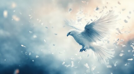 A white dove soars gracefully amid swirling feathers in a dreamy, ethereal sky.