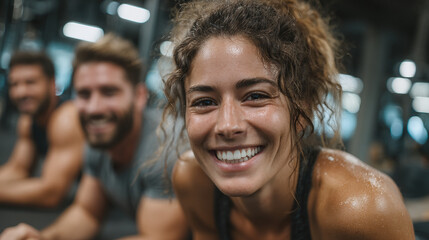 Group of friends doing plank challenge, smiling, gym setting.