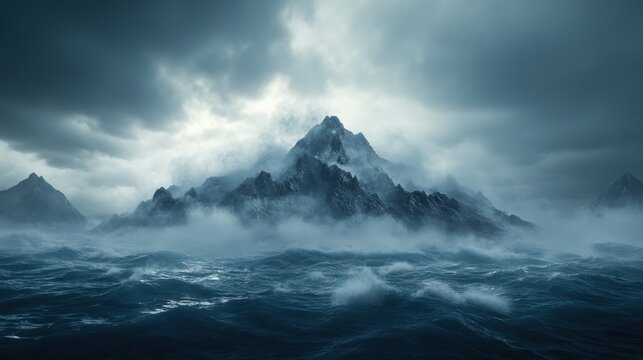 A rugged mountain rises from stormy ocean waves under dramatic, cloudy skies, creating a mysterious and powerful natural scene.