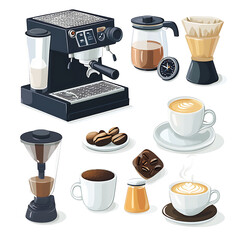 Realistic and artistic illustrations of coffee beans, brewing equipment, coffee cups, baristas, coffee farms, roasting processes, and café scenes