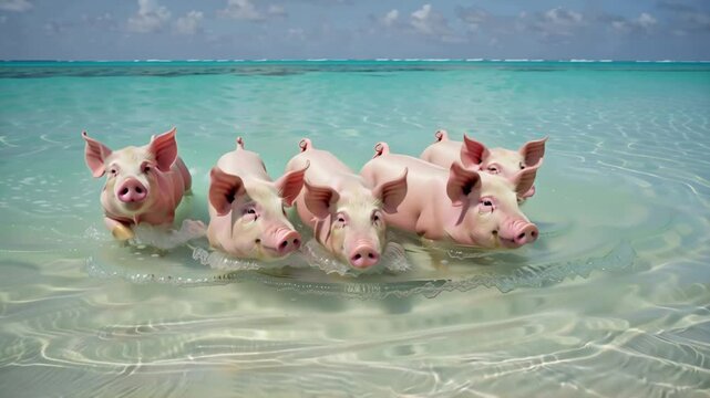 cute pigs swimming in the ocean, bahamas summer sunny day