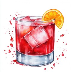 Boulevardier cocktail with ice cubes, lemon slice and red straw served in a clear lowball glass. Watercolor illustration on white background. Classic whiskey-based cocktail with bitters and vermouth.
