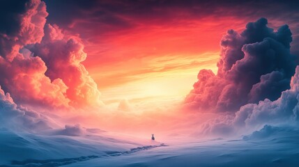 Fototapeta premium A lone figure stands in a snowy landscape under dramatic, colorful clouds at sunrise or sunset, creating a surreal and tranquil scene.