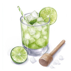 Caipirinha cocktail with crushed ice, lime slices, and sugar beside wooden muddler. Watercolor illustration isolated on white background. Brazilian cocktail