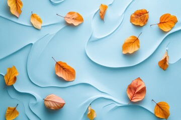Colorful autumn leaves on light blue background featuring elegant swirling patterns