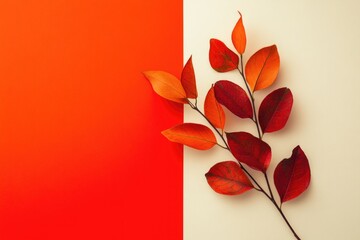 Vibrant autumn leaves on red and cream dual tone background