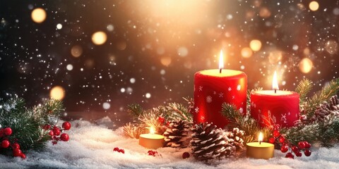 Cozy winter candle display with pinecones and festive bokeh lights