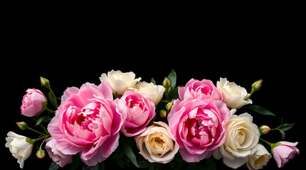 Obraz premium loral banner, flower cover or header with vintage bouquets. Pink peonies, white roses isolated on black background