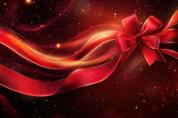 Festive red ribbon with sparkling bokeh background for holiday celebrations