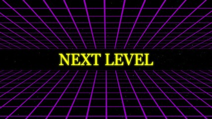 Retro futuristic 80s style digital design with next level text and purple grid backdrop for achievement and gaming concepts - Powered by Adobe