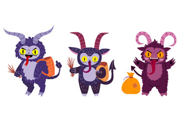Christmas Krampus character. Cute cartoon Christmas Crampus Goat devil illustration. Stock hand drawn vector illustration isolated on white background.