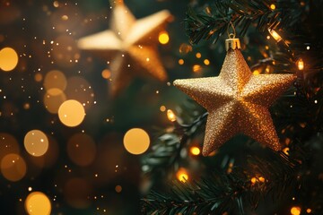 Festive glow: shimmering star ornaments with warm holiday lights