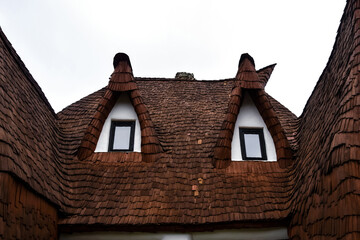 Architectural Details of the Valley of Fairies Castle. Red roof and windows. Wood And Clay. Copy...