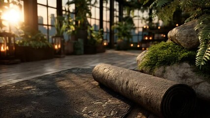Serene Yoga Studio Ambiance with Mat, Plants, and Cityscape Backdrop in Warm Sunlight