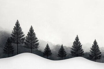 Serene winter landscape with misty forest silhouettes and rolling snowy hills