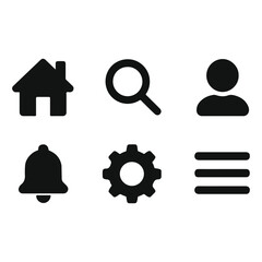Home, Search, User, Settings, Notifications, Menu – Vector fill Icon Set on White Background