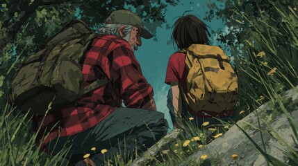 Bonding moments shared between a young boy and his grandfather in nature's embrace