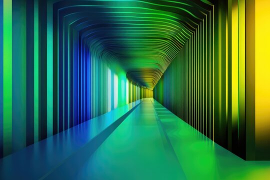Vibrant multicolored tunnel with futuristic linear design and gradient lighting