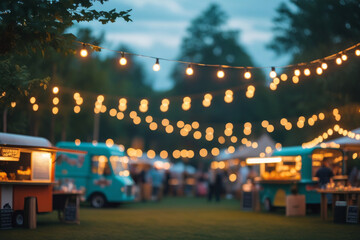 Abstract blurred background of food trucks with garland lights on summer evening. AI
