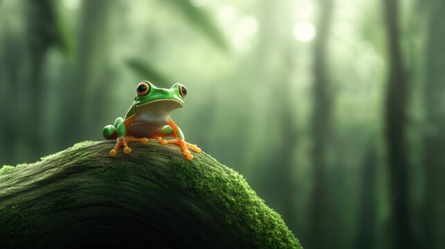 A colorful frog sits on a mossy log in a lush, green forest with soft, diffused sunlight in the background.