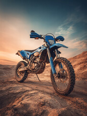 Blue enduro motorbike on sandy hills under scenic sky