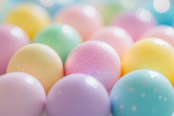 Colorful pastel bubbles with shimmering highlights in soft focus