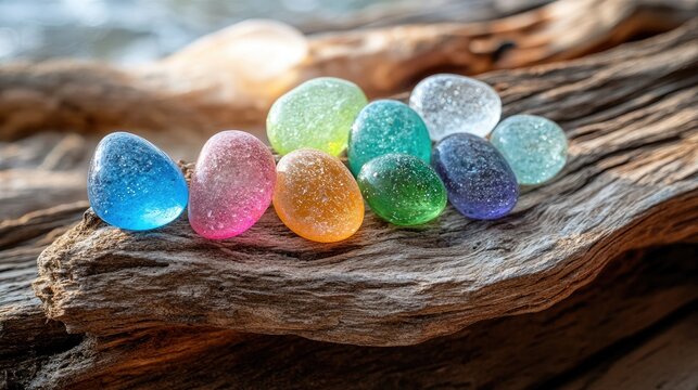 Colorful, translucent stones resting on a driftwood piece.