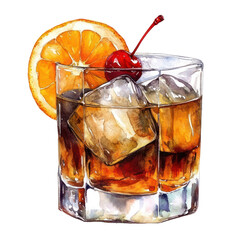 PNG Old Fashioned cocktail with ice cubes, orange slice. Watercolor illustration of a classic whiskey drink with artistic splash effect.