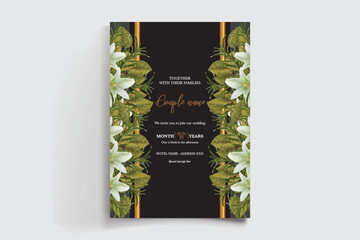WEDDING INVITATION FRAME WITH FLOWER DECORATIONS AND FRESH LEAVES