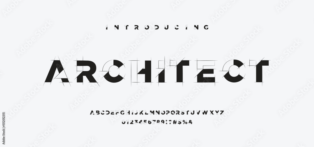 Fototapete architectural project font, technical draw style alphabet. geometrical typography. wireframe letters