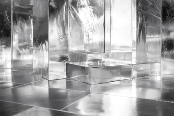 Abstract metallic architecture with reflective geometric structures and surfaces