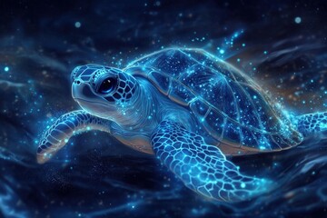 Glowing sea turtle in dark water (1)
