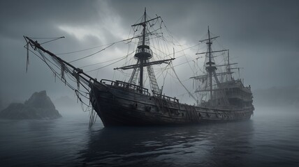 A dilapidated sailing vessel adrift in a misty sea.