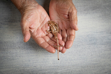 Elderly woman with a golden necklace and cross.