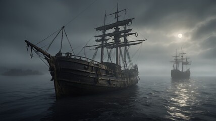 Fototapeta premium Two weathered ships at sea in a misty atmosphere.