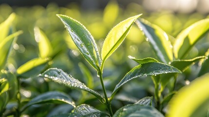 Obraz premium Macro shot of dew on a young tea leaf