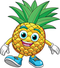 Retro Cartoon Pineapple Vector – Vintage Walking Character, Big Eyes, Pastel Colors, Flat Design
