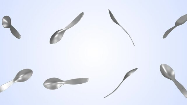 Stainless Steel Soup Spoons Falling on a Light Blue Background. 4K