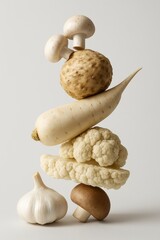 Garlic, mushrooms, celery root, parsnip and cauliflower arranged in vertical balance on neutral background. Studio food monochrome still life. Healthy eating and seasonal autumn harvest concept. 