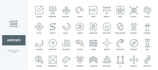 Up and down flow of progress, turn movement, direction to right and traffic sign, software update and upgrade options thin black outline symbols vector illustration. Arrow line icons set.