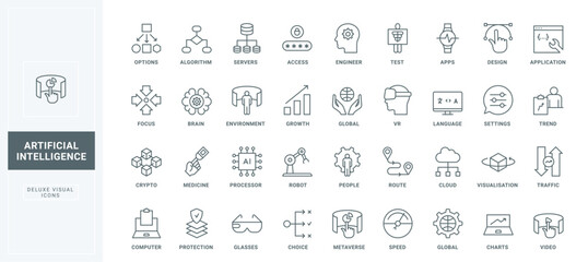 Crypto technology and data protection, robot and focus on trends, graphic design thin black outline symbols vector illustration. AI, digital brain language and settings line icons set.