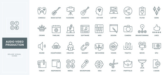 Services of project organization for creator, editor tools thin black outline symbols vector illustration. Video and audio production, content creation to share on social media line icons set.