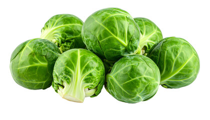 Close up of fresh Brussels sprouts, creating a vibrant green cluster on a transparent background
