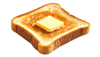 Toasted slice of white bread with a piece of butter melting on it, isolated on transparent background