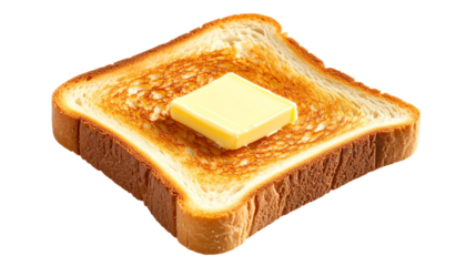 Toasted slice of white bread with a piece of butter melting on it, isolated on transparent background