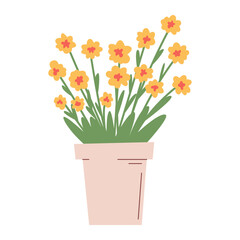 Vibrant potted yellow flowers with green leaves. Simple, cute, and modern flat vector design.Hand drawn illustration, perfect for spring, home decor, sticker or cheerful botanical themes.
