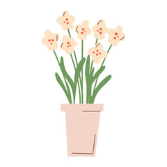 Charming potted light yellow flowers vector illustration. Simple flat hand drawn design, ideal for spring decoration, cards, sticker. Cute botanical element in a pastel pot.