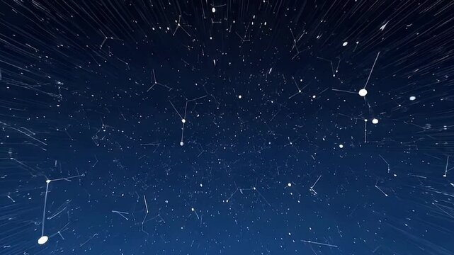 A deep blue space scene filled with stars and constellations connected by lines creating a vast cosmic expanse